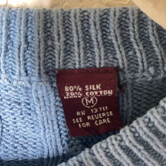 John Ashford Cable Knit Sweater Medium Blue Silk & Cotton Blend Preppy - Picture 3 of 10